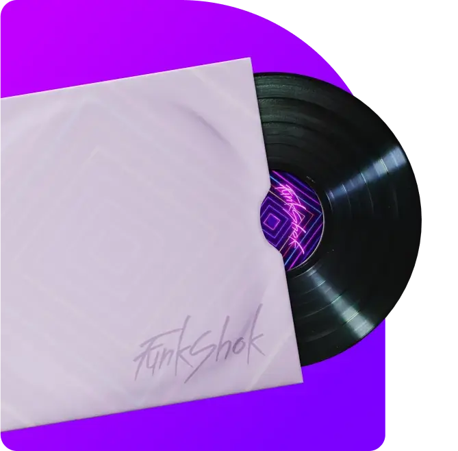 A black vinyl record partially pulled out from a white sleeve with the word 'FunkShok' written in stylized text on the bottom right corner. The record label has a geometric pattern with neon pink lines visible on its surface.